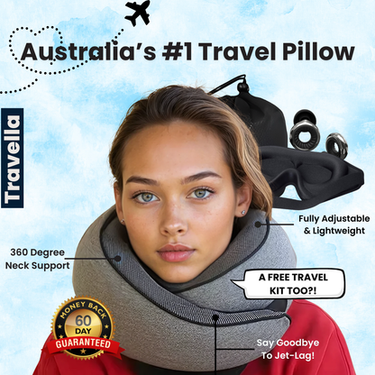 Travel pillow with a woman wearing it, set against a blue sky background with promotional text and graphics.